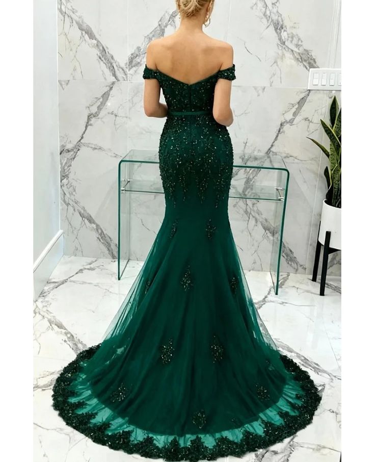 Robe de bal longue de soirée formelle à épaules dénudées en dentelle verte sirène ornée de perles AB1581