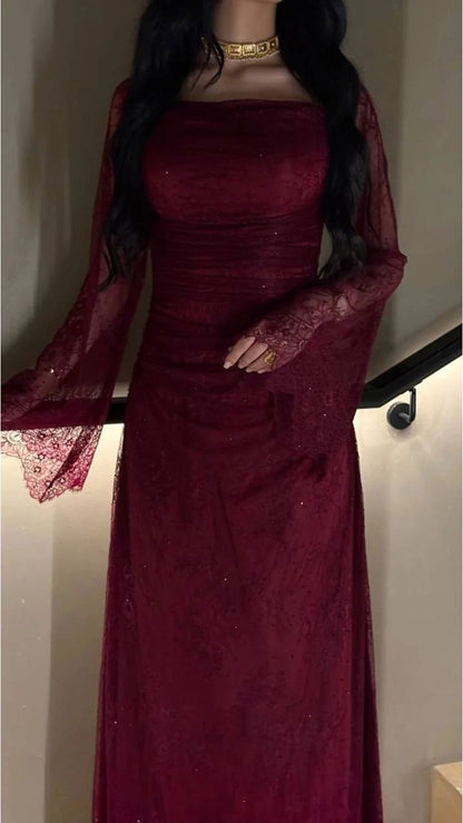 Robe de bal de soirée plissée en dentelle bordeaux scintillante AB1862
