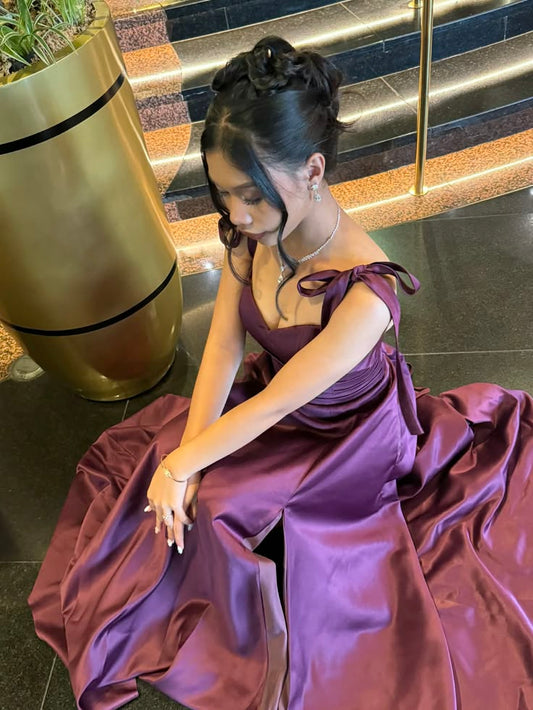 New Women’s Prom Dress A Line Straps Purple Slit Elegant Formal Graduation Party Gown RB9560