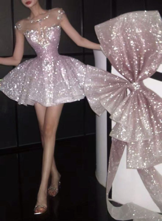Glitter Ball Gown Scoop Pink With Bow Sequin Hoco Gown Homecoming Dress Mini Party Dresses RB6499
