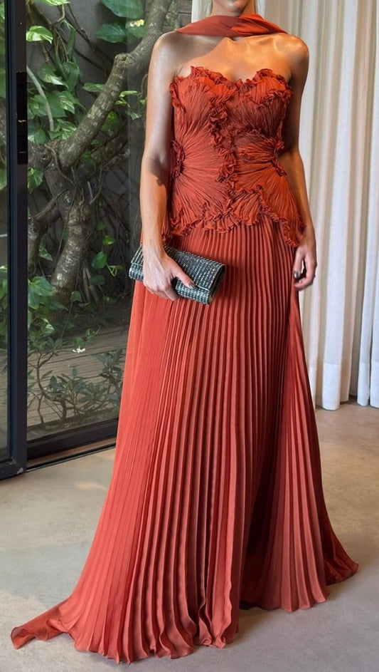 Bezauberndes, ärmelloses, langes A-Linien-Abendkleid in Rostrot mit Herzausschnitt, inspiriert von der Idee für Hochzeitsgäste, AB261