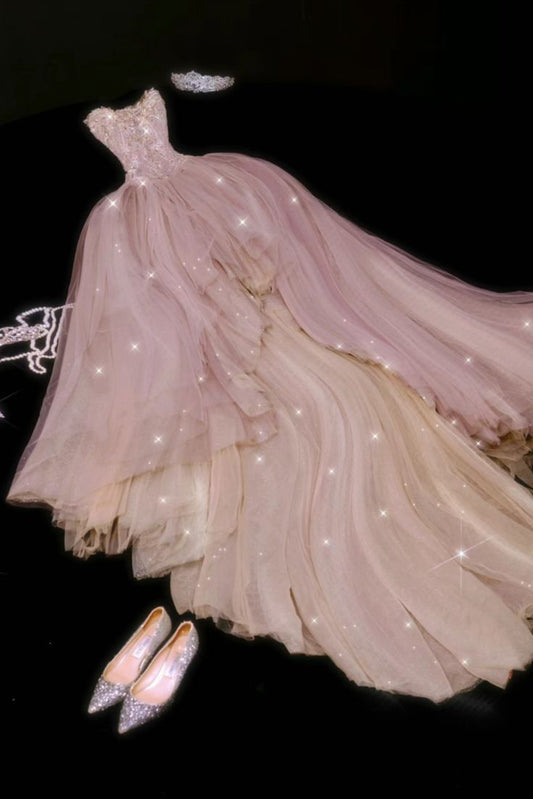 Einzigartiges trägerloses Ballkleid aus rosafarbenem Tüll, langes Partykleid, Outfit für den 22. Geburtstag, Abschlusskleid AB302