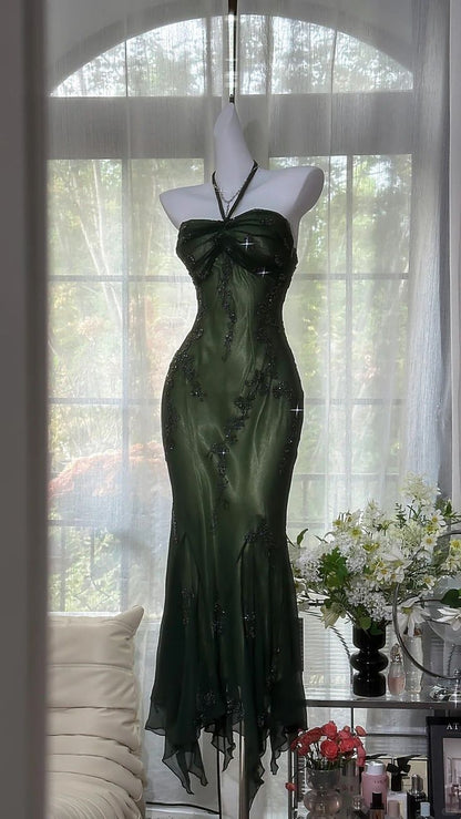 Elegantes Meerjungfrauen-Halterkleid aus dunkelgrünem Chiffon, ideal für Abschlussball, Party, 20. Geburtstag oder Abschlussfeier (Modell N1616)