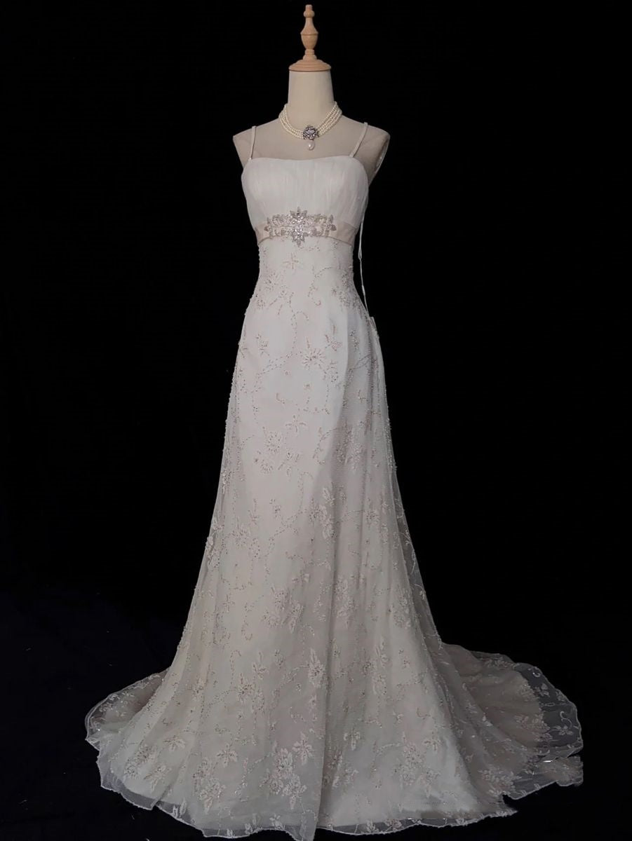 Robe de mariée rétro années 50, coupe trapèze, bretelles spaghetti, perles argentées et dentelle, tailles petites et grandes, idéale pour un mariage printemps-été AB1478