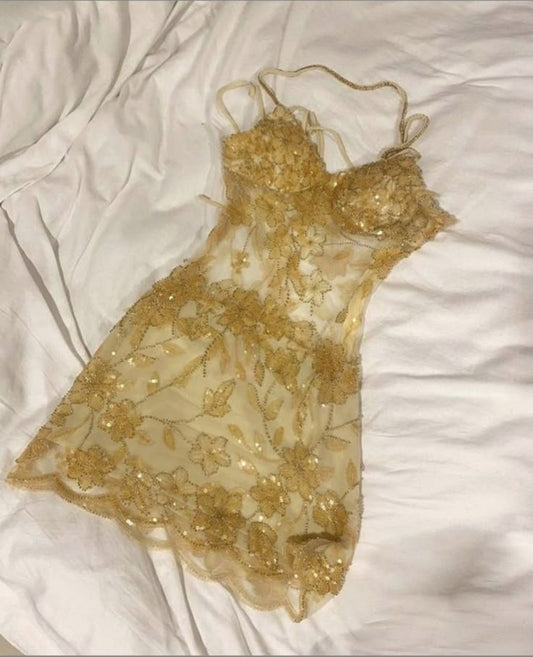 Sexy A-Linie Spaghettiträger Gold Rückenfrei Pailletten Kurzes Kleid zum 16. Geburtstag Homecoming Kleider Cocktailkleid RB031