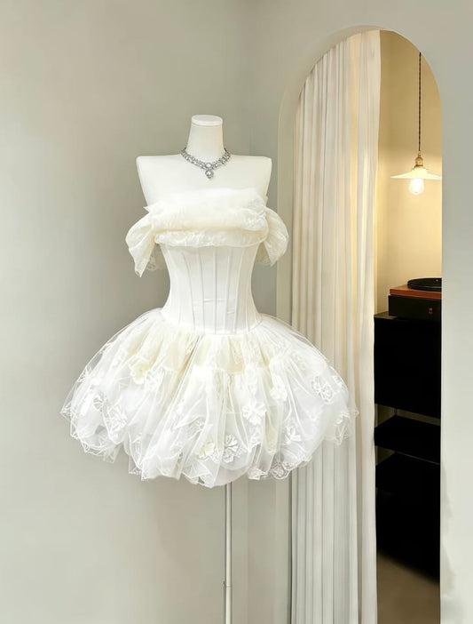 Unique Ball Gown Off The Shoulder Lace With Sleeves Short Mini Hoco & Homecoming Dress Inspo Graduation Dresses RB6501