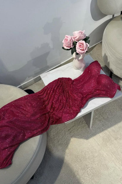 Hot Pink Glitter Bodycon Prom Dresses 2026 with Sweetheart Neck Spaghetti Straps Ruched Side Slit Vestidos Evening Gowns AB494