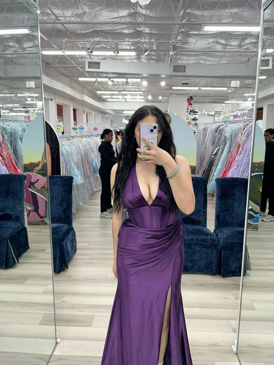 Shinning Mermaid Halter Grape Satin For Women Party Dresses Long Formal Prom Dress 22th Birthday Gown AB1359