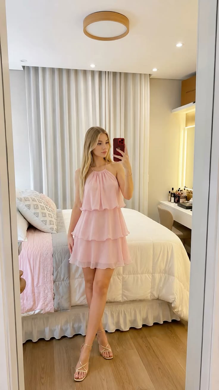 Simple Homecoming Outfit Ideas A Line Halter Pink Fit and Flare High School Ideas Inspo Senior Graduation Dresses RB7275