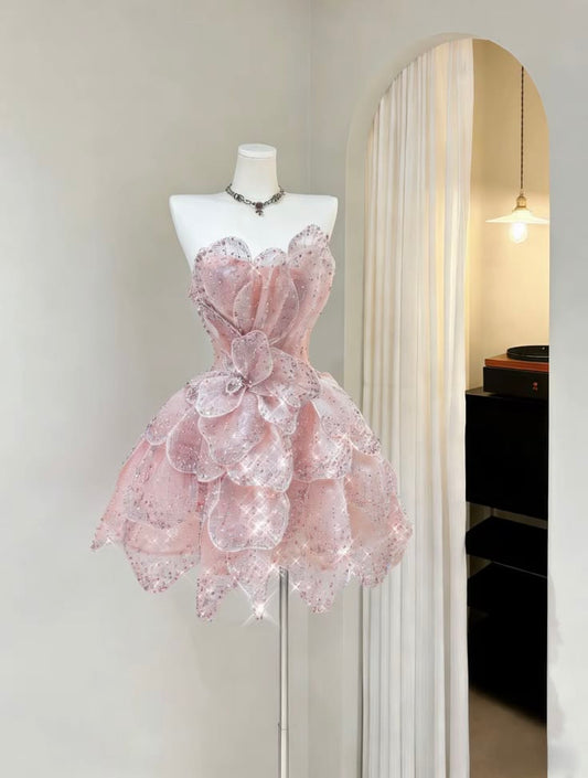Glitter Ball Gown Sweetheart Pink Sequined Hoco Gown Homecoming Dress Mini Party Dresses RB6502