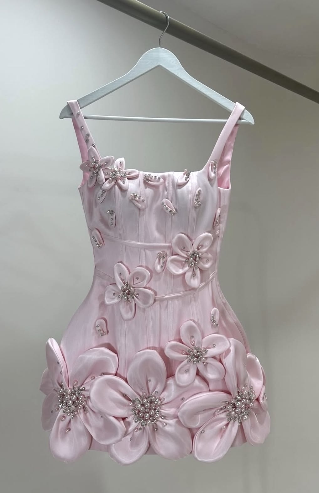 Stylish Sheath Spaghetti Strap Pink Satin Flowers Mini Homecoming Dress Inspo Short Graduation Dresses RB6905