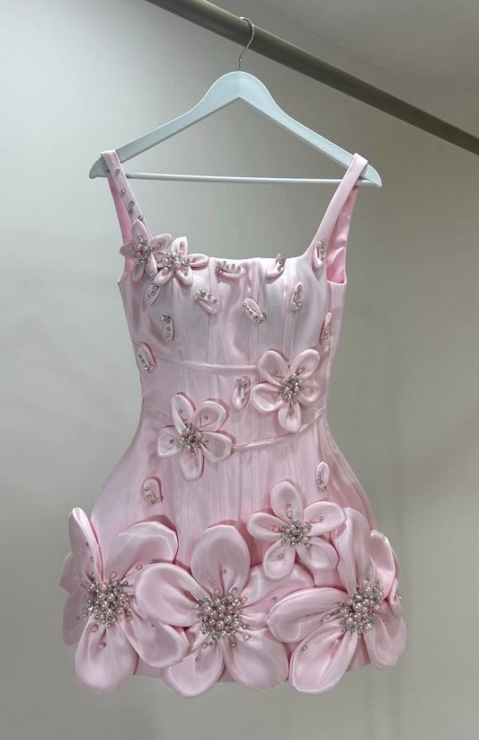 Stylish Sheath Spaghetti Strap Pink Satin Flowers Mini Homecoming Dress Inspo Short Graduation Dresses RB6905