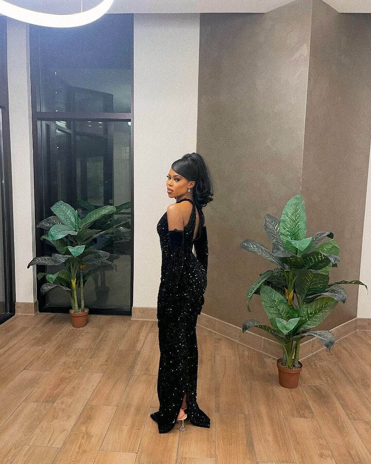 Robe de bal longue sirène noire, robe de soirée élégante à sequins pour jeunes filles noires N791