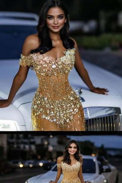 Goldenes schulterfreies Ballkleid mit herzförmigem Ausschnitt, silbernen Schmucksteinen und bodenlangem Schnitt, N800