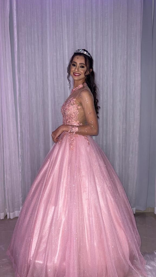 Sweet 16 Ballkleid hochgeschlossen rosa lange Ärmel Quinceanera Kleid Sweet Sixteen Kleid RB9518