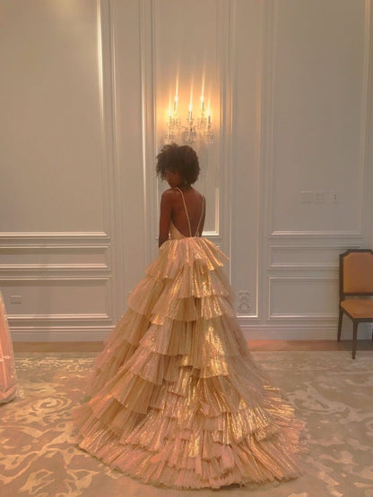 Robe de bal luxueuse dorée plissée à plusieurs couches, robe de soirée pour quinceañera N801