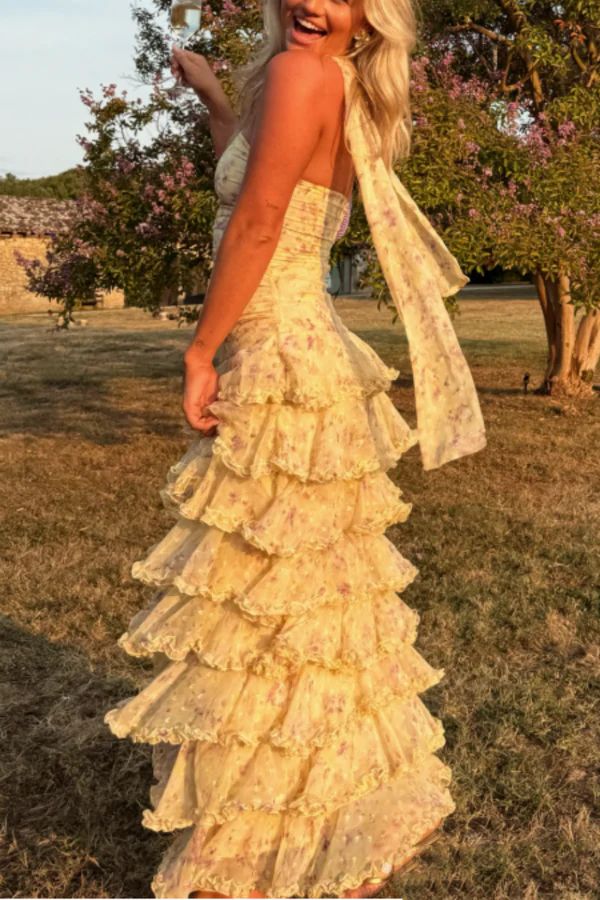 Robe de bal longue jaune en mousseline à fleurs, bustier, coupe fourreau élégante, idéale pour une soirée, un 18e anniversaire ou une remise de diplôme (N902)