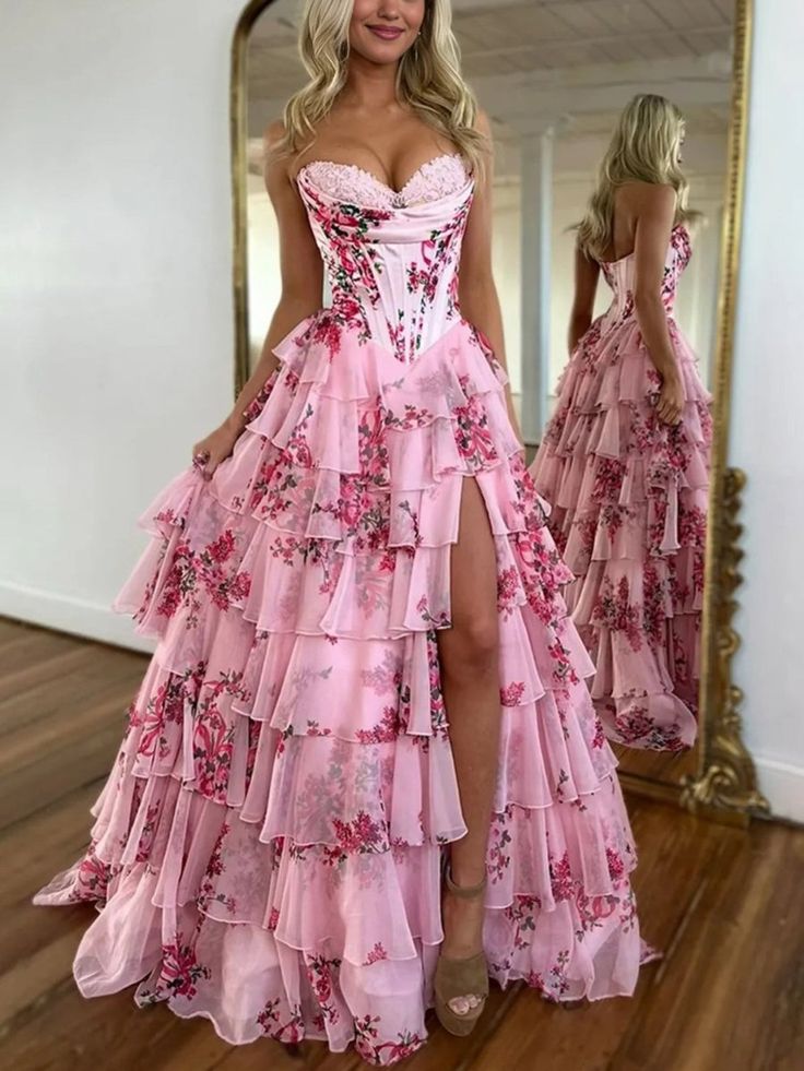 Pink Floral Corset Ball Gown Floral Blush Tiered Chiffon Long Corset Prom Dress with Slit Formal Evening Gowns AB508