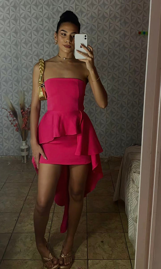 Sexy Sheath Strapless Hot Pink Satin With Ruffled Freshman Short Graduation Dresses Inspo Senior Homecoming Outfits RB4729