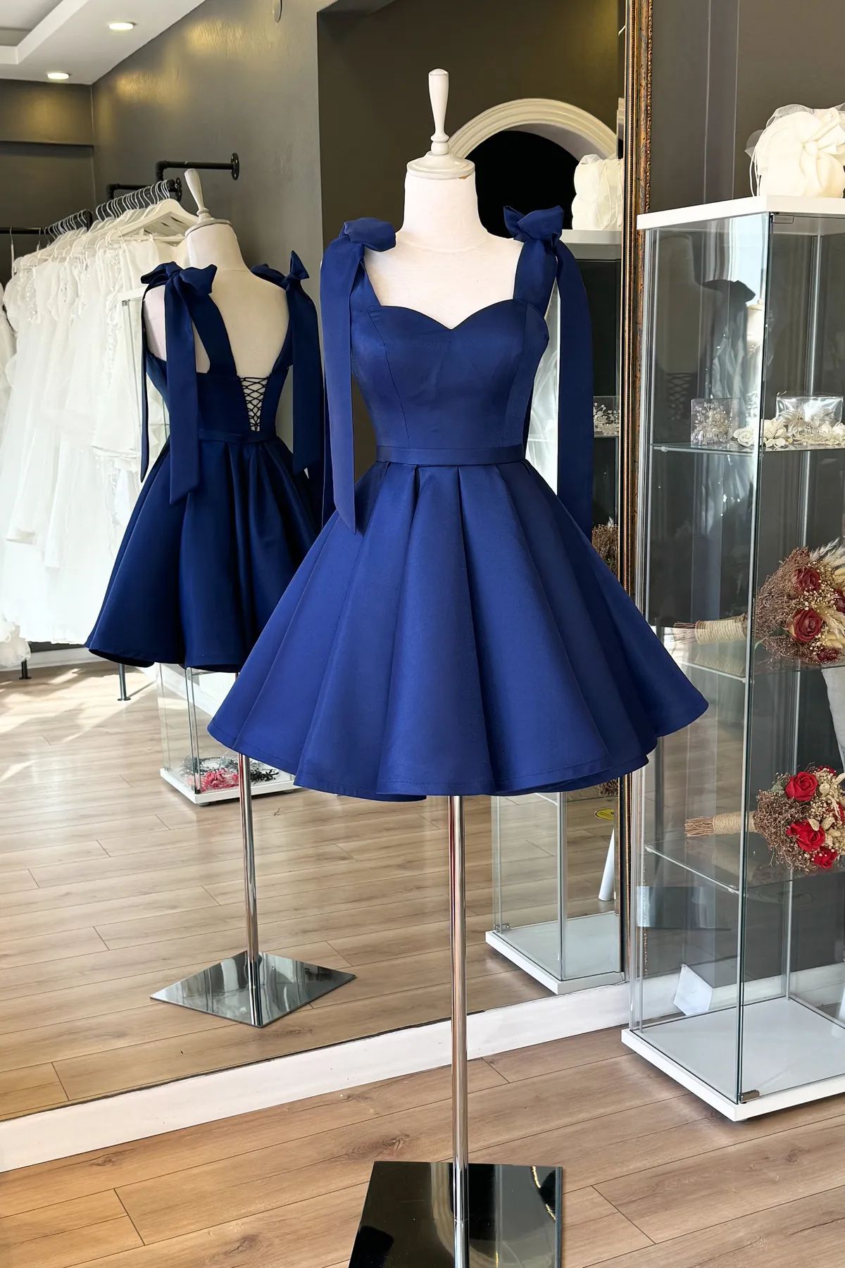 Classic A line Spaghetti Strap With Bow Blue Short Grad Hoco Outfit Homecoming Dresses RB4659