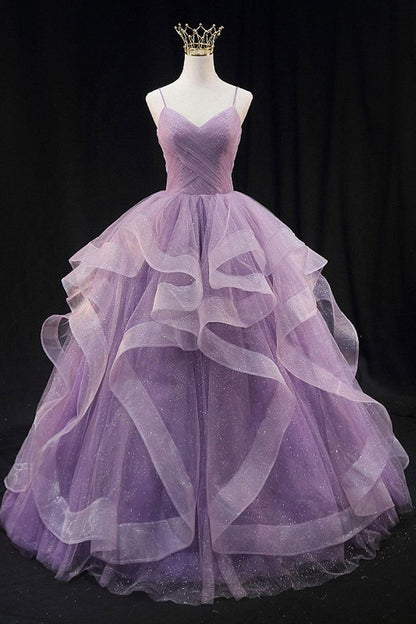 Robe de bal violette à bretelles spaghetti en tulle et sequins, longue robe de soirée formelle pour adolescentes N038