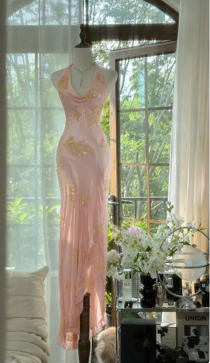 Robe de bal longue en mousseline verte à col licou et perles, élégante robe de soirée verte, tenue de danse N530