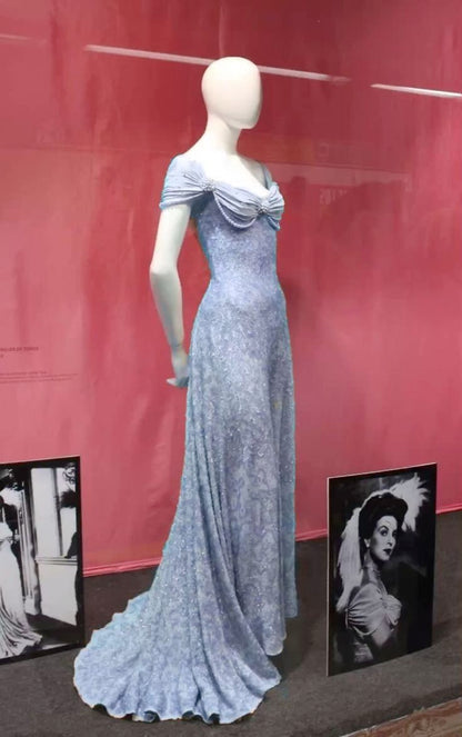 Robe de bal longue vintage en dentelle bleue, coupe trapèze, décolleté cœur, élégante, tenue de danse N533