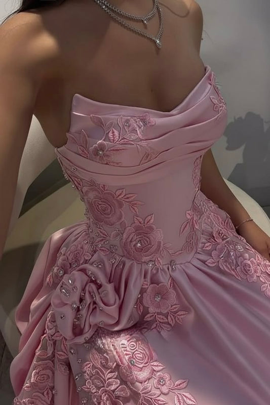 Elegant Ball Gown Strapless Pink Satin With Flowers Perfection-Formal Goals Nigh Evening Long Prom Dress Party Outfits RB6758