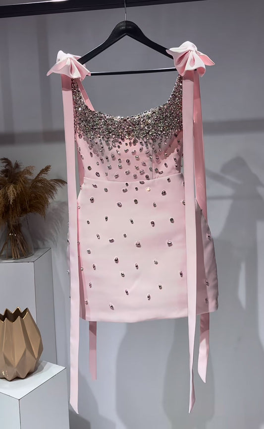 Sparkly A line Sequin Homecoming Dress Pink With Bow Straps Glam Party Outfit Birthday Dresses Cocktail Outfits RB6269