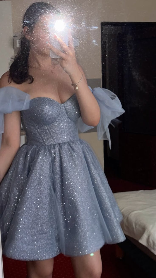 Shimmering Ball Gown Straps With Bow Blue  for Prom Night Short Hoco Gown Homecoming Dresses RB6346