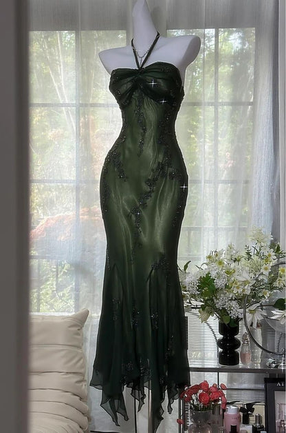 Vintage Meerjungfrauen-Abendkleid mit Neckholder, Chiffon, Perlenbesatz, dunkelgrün, langes formelles Kleid, Abschlusskleid N1617
