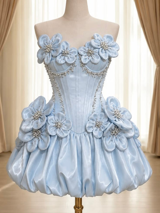 Pretty Ball Gown Sweetheart Blue With Pearls Homecoming Dress Inspo Short High School Senior For Teens Graduation Dresses RB6908