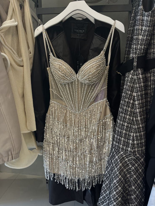 Glitter Sheath Spaghetti Strap Champagne With Beading Homecoming Dresses Party Birthday Dress Cocktail Outfits RB6276