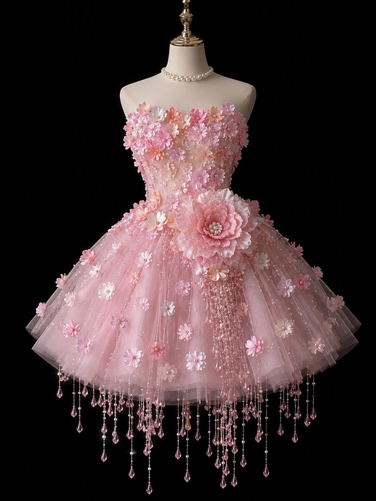 Fairytale Ball Gown Sweetheart Pink With Flowers Glam Party Outfit Birthday Dresses Cocktail Outfits RB6268