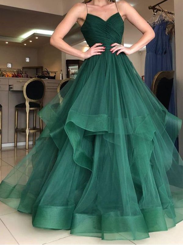 Robe de bal modeste à bretelles spaghetti, en tulle vert émeraude, longue robe pour fête d'anniversaire de 16 ans, robe de soirée AB1166