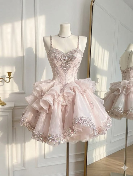 Glitter Ball Gown Spaghetti Strap Tulle Pink Hoco Gown Homecoming Dress Mini Party Dresses RB6504