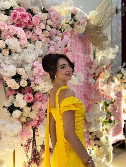Gorgeous Yellow Sheath Off The Shoulder Yellow Satin High Slit Prom Dresses With Scarf AB190