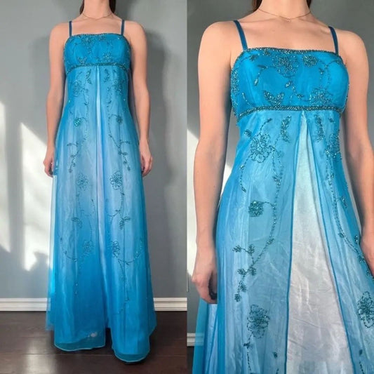Bescheidene A-Linie Spaghettiträger Blau Perlenbesetzt Ärmellose Lange Ballkleider für Damen N4169
