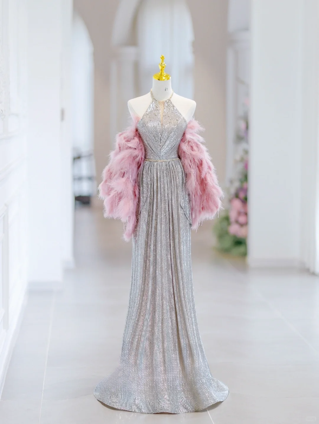Elegant A Line Halter Silver Sequin Sparkly Long Floor Length Prom Dress Inspiration Long Prom Dresses DH2807