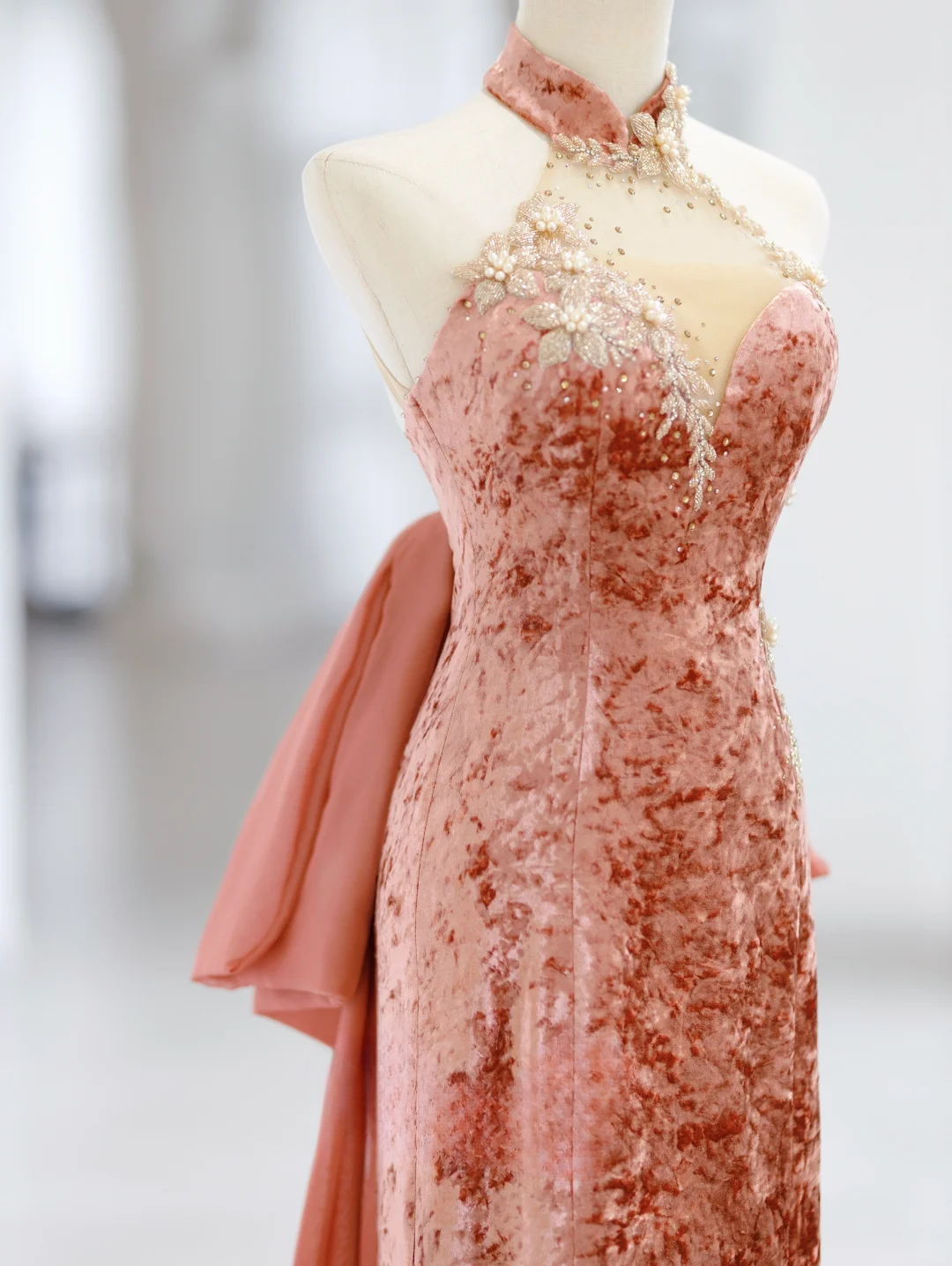 Elegant A Line Halter Velvet Pink Slit Long Floor Length Prom Dress Inspiration Long Prom Dresses DH2808