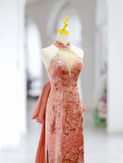 Elegant A Line Halter Velvet Pink Slit Long Floor Length Prom Dress Inspiration Long Prom Dresses DH2808