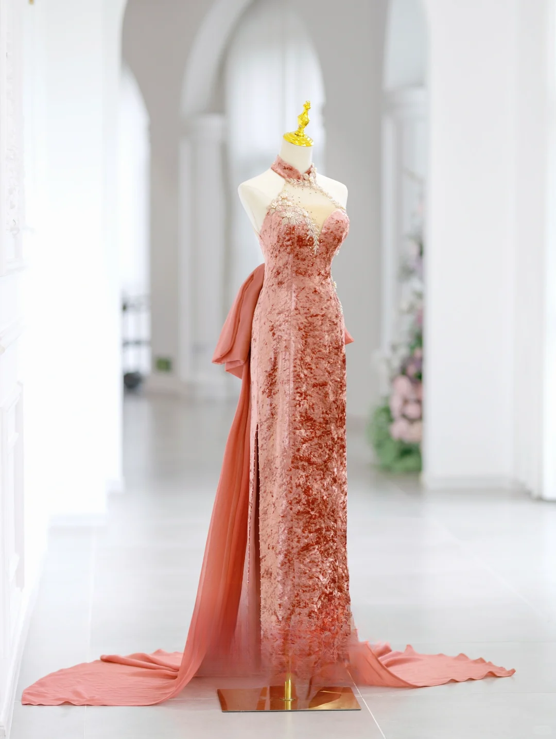Elegant A Line Halter Velvet Pink Slit Long Floor Length Prom Dress Inspiration Long Prom Dresses DH2808