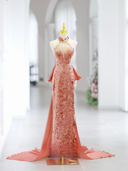 Elegant A Line Halter Velvet Pink Slit Long Floor Length Prom Dress Inspiration Long Prom Dresses DH2808