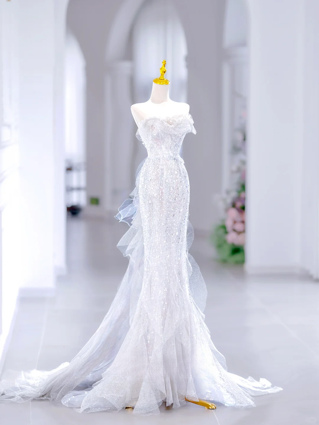Prinzessin Meerjungfrau Liebsten Ärmellose Lange Weiß Pailletten Brautkleid Schöne Formale Nette Brautkleider DH2810