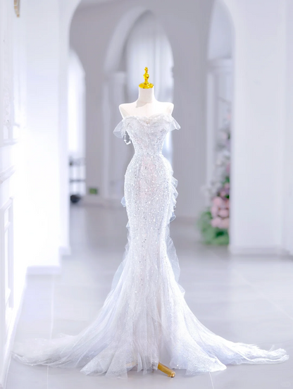 Prinzessin Meerjungfrau Liebsten Ärmellose Lange Weiß Pailletten Brautkleid Schöne Formale Nette Brautkleider DH2810