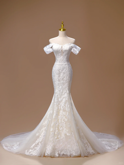 Verträumtes Meerjungfrau-Brautkleid mit schulterfreier Spitze und Applikationen, langes Brautkleid, wunderschöne formelle Brautkleider mit kurzen Ärmeln, DH2817
