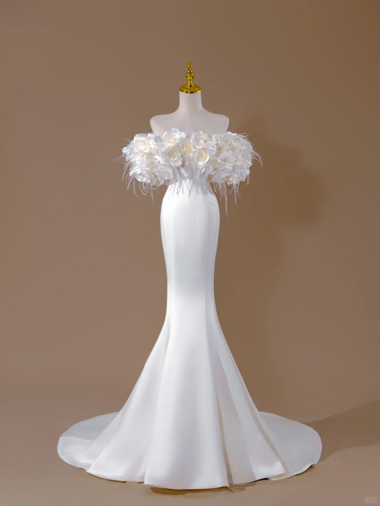 Robe de mariée sirène longue en satin à épaules dénudées et fleurs, magnifique robe de mariée formelle à manches courtes, DH2818