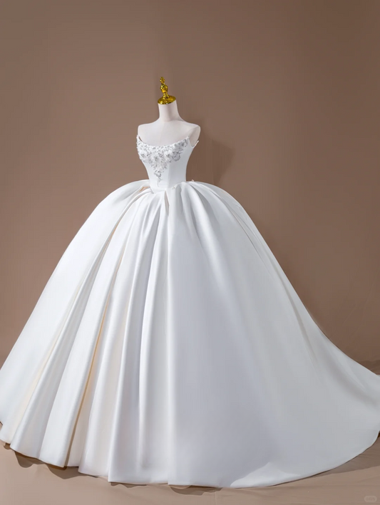 Robe de mariée longue en satin blanc, robe de bal princesse, sans bretelles, belle robe de mariée formelle, robes de mariée DH2819