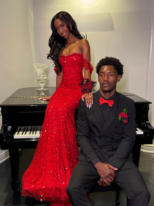 Chic Mermaid Off The Shoulder Red Beaded Sequin Prom Dresses Long Party Dress Prom Gowns DH2934