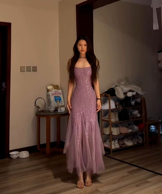 Stunning Mermaid Spaghetti Straps Light Purple Sequins Long Prom Dresses Inspo Prom Gown DH2958